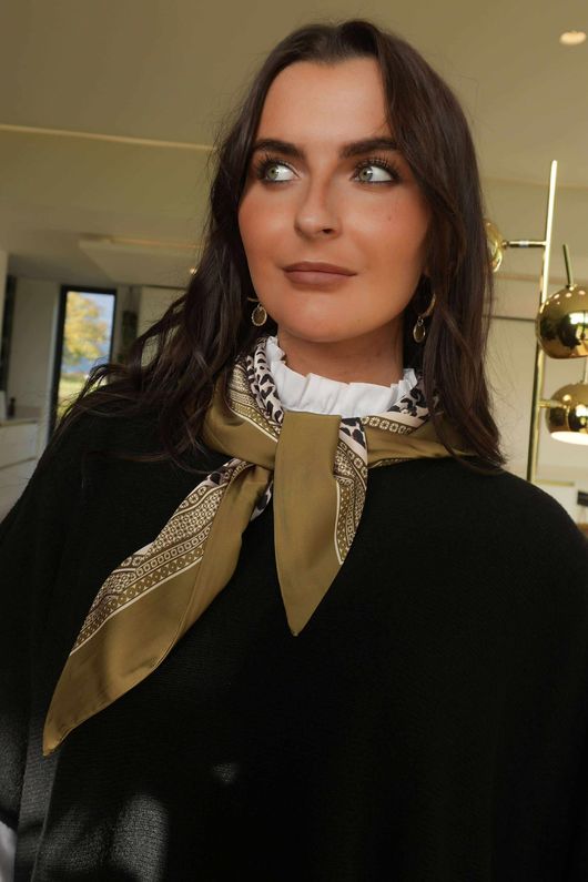 Leopard & Tile Border Triangle Silk Neckerchief Olive